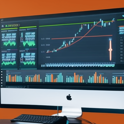 E an image of a person in front of a computer, with multiple monitors filled with charts and graphs detailing the performance of several altcoins