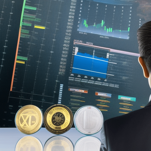N in a suit looking at a graph of a fast rising altcoin, with calculator, coins, and a globe visible in the background