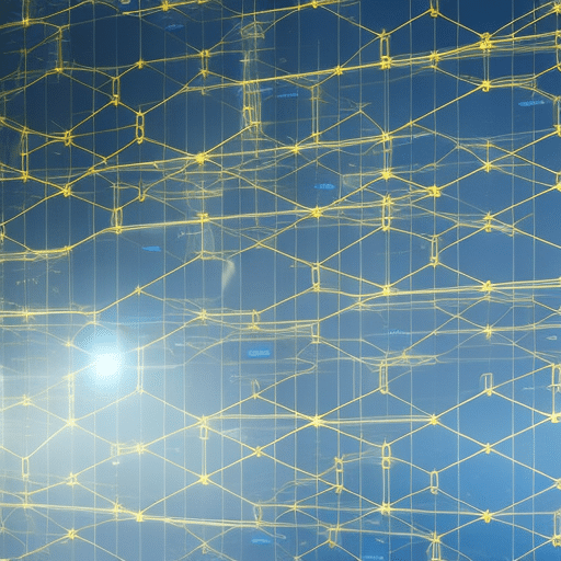 An image showing a futuristic, decentralized network of interconnected digital assets represented by shimmering, transparent tokens, all securely backed by Bitcoin