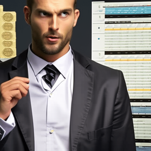 R wearing a business suit, studying a chart of bitcoin prices, with a stack of coins in the background