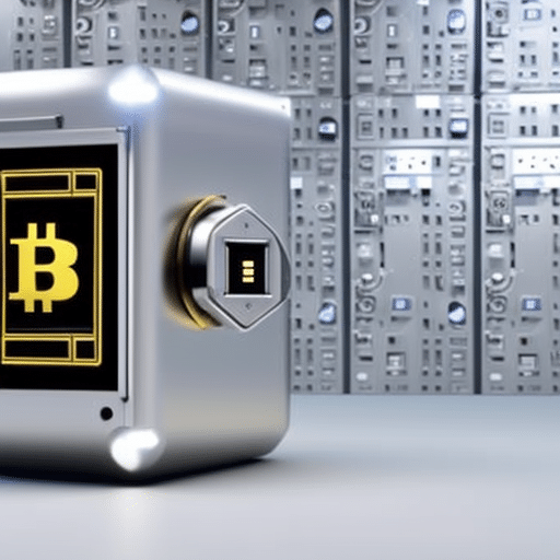 Ic of a padlocked safe with a bitcoin symbol in the background, being guarded by a cybernetic security robot