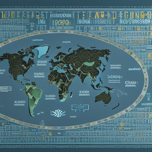 map composed of overlapping and crisscrossing Bitcoin symbols, emphasizing the global adoption of the currency