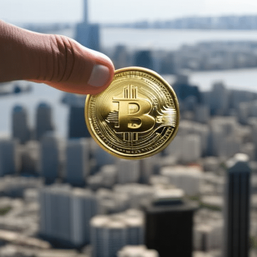 A person's hands holding a single golden bitcoin coin, with a background of a growing city skyline