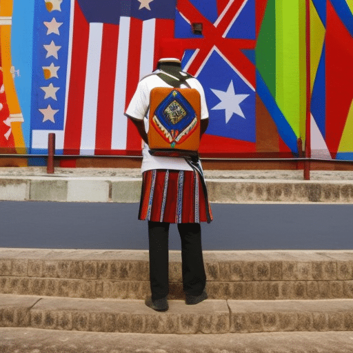 N in traditional clothing with a laptop, standing in front of a colorful international flag mural