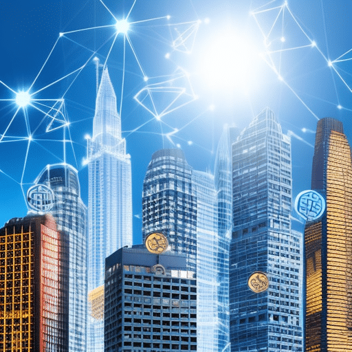 An image featuring a futuristic cityscape with skyscrapers made of Bitcoin symbols and digital token icons floating in the air
