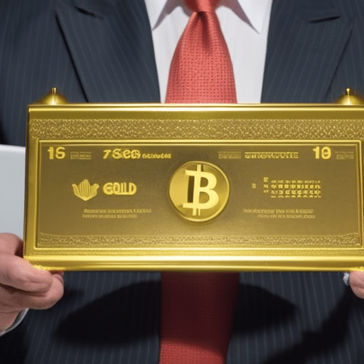 Ds: one holding a gold bar, one holding a Bitcoin; with a background of a chart comparing their performance