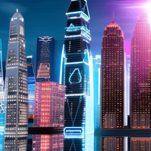 An image showing a futuristic cityscape with skyscrapers made of Bitcoin logos, glowing with digital currency symbols