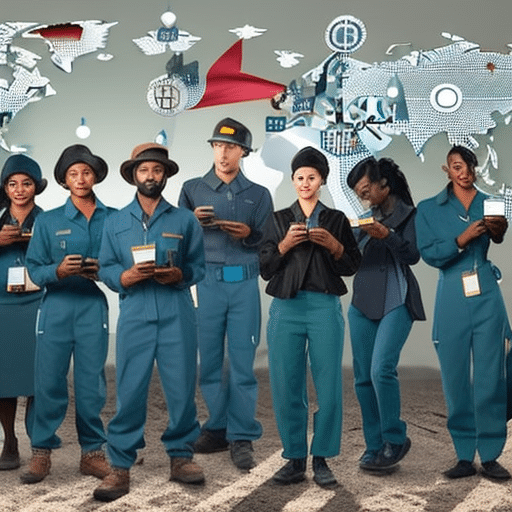 An image featuring a group of diverse migrant workers, each holding a smartphone with Bitcoin symbol on their screens