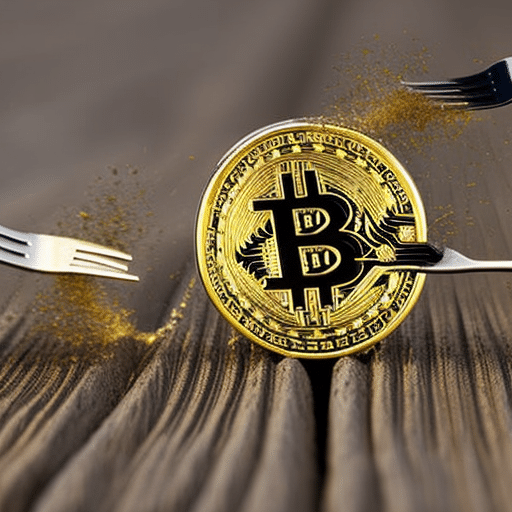 An image of a golden Bitcoin splitting into two forks, each with its distinct path, symbolizing the division and potential consequences of a Bitcoin fork