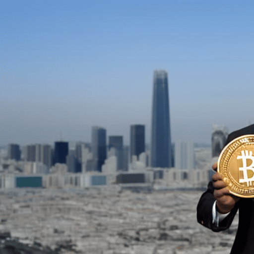 N in a business suit holding a golden Bitcoin in the palm of their hand, with a cityscape skyline in the background