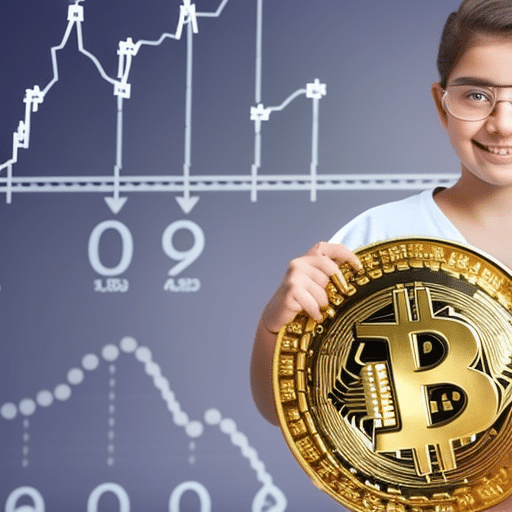 person holding a purse full of coins, wearing a T-shirt printed with a Bitcoin symbol, standing in front of a graph showing an upward trend