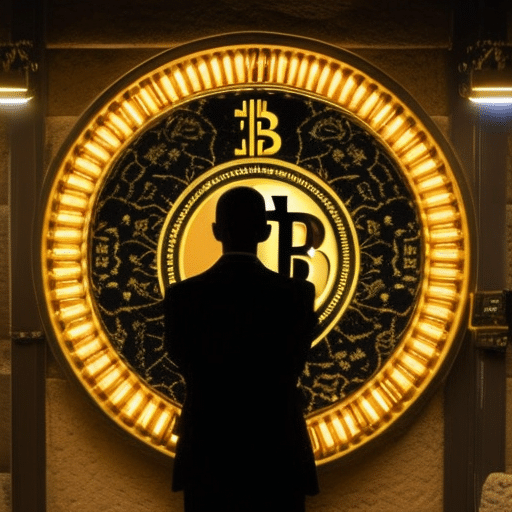 Show an image of a person in a safe room surrounded by security cameras and a glowing Bitcoin logo