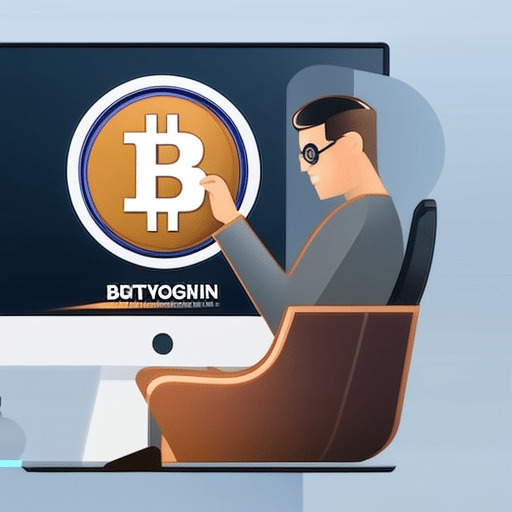 An image showcasing a person seated at a stylish desk, engrossed in their laptop screen displaying a sleek Bitcoin logo