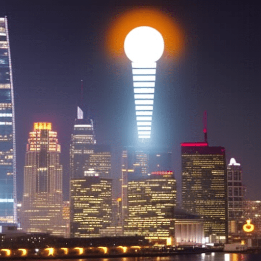 of a bright, glowing Bitcoin symbol rising above a skyline of financial buildings, with an increasing number of lights turning on in the buildings