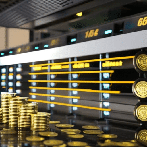of a Bitcoin mining rig, with coins spilling out of the rig, and a rising revenue line in the background