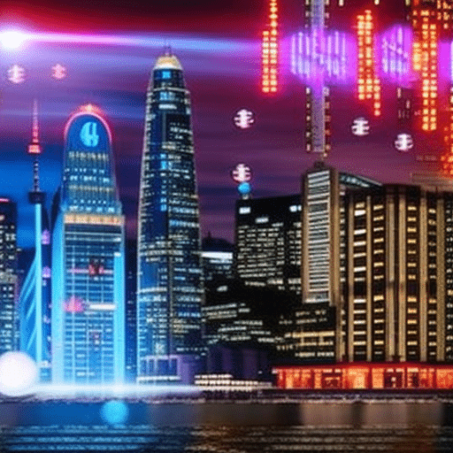 An image depicting a vibrant, futuristic cityscape at night, with towering skyscrapers adorned by bitcoin symbols