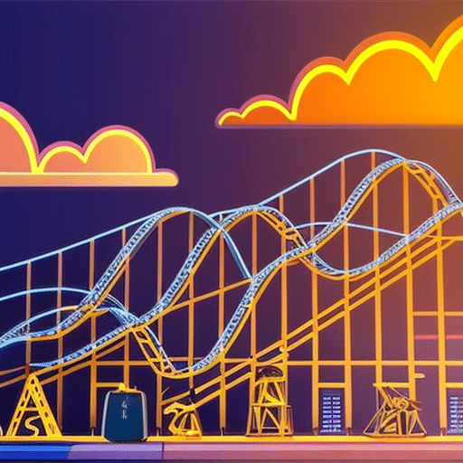 An image showing a roller coaster ride with Bitcoin logos on the carts, depicting the extreme price volatility