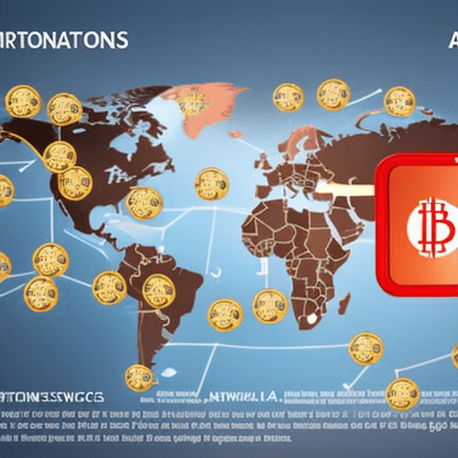 An image showcasing a sleek smartphone transferring Bitcoin instantly across borders, with recipient locations marked by vibrant global map pins