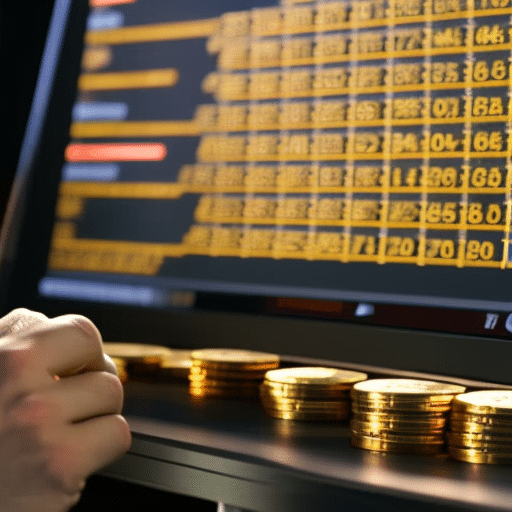 -up of a person counting gold coins in a dark room, with a computer monitor in the background showing a graph of the Bitcoin price over time