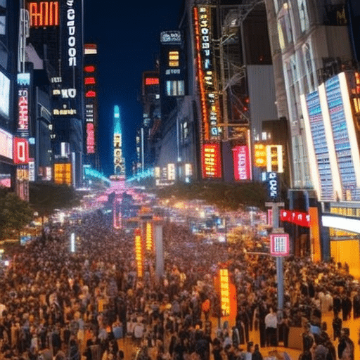 An image capturing the exhilarating frenzy of Bitcoin Rush: a crowded city street bathed in neon lights, towering screens flashing rapid price fluctuations, and people frantically trading cryptocurrency on their devices