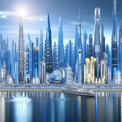 An image showcasing a futuristic cityscape, filled with interconnected buildings representing various industries (finance, real estate, supply chain, etc
