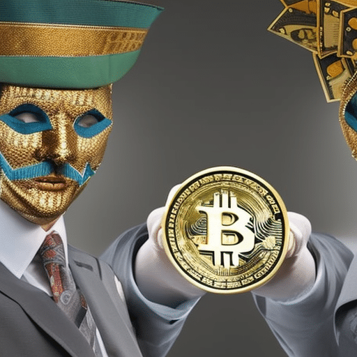 An image showing a close-up of two individuals wearing Guy Fawkes masks, exchanging envelopes filled with Bitcoin, while a complex web of encrypted codes and dollar bills intertwines in the background