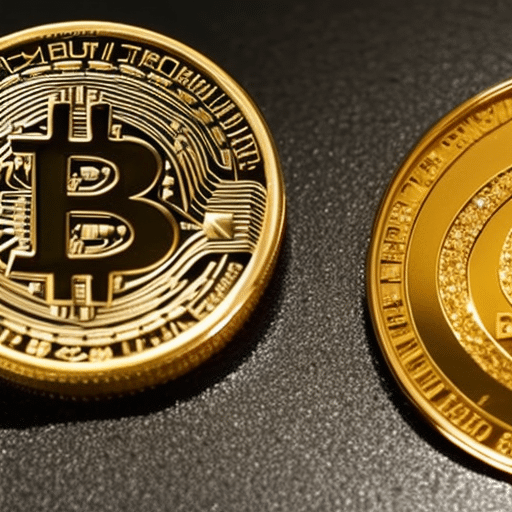 A side-by-side comparison of a gold bar and a Bitcoin coin, both with a magnifying glass hovering above
