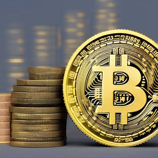 life depicting a bitcoin and a gold coin side by side, both with their respective symbols in the center surrounded by their respective currencies