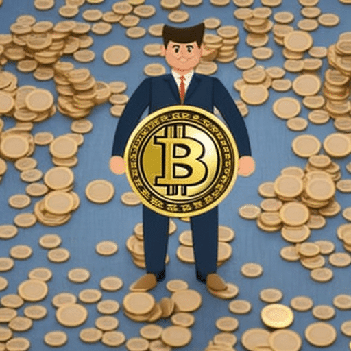 On-style image of a person, their hands holding a golden coin and a bitcoin, standing between two locked chests overflowing with coins of each type