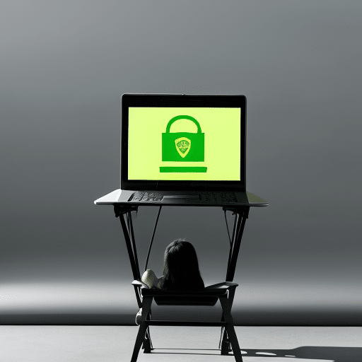 E of a person in a chair using a laptop, with a padlock open and a green "check"symbol appearing on the laptop screen