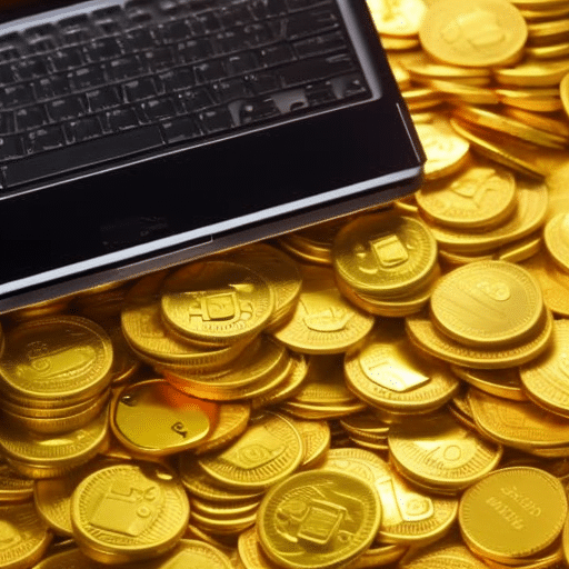 Of gold coins and a laptop with a padlock, with a hand pointing to the laptop