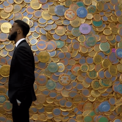 N in a suit, using a laptop, looking at a large wall of colorful cryptocurrency coins with a determined expression