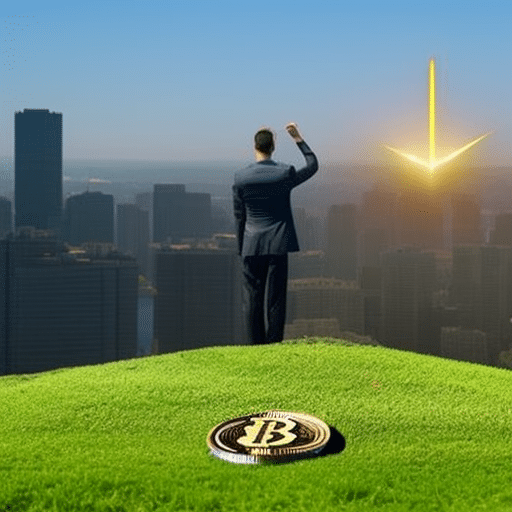 E of a person standing on a grassy hill, overlooking a city skyline with a golden bitcoin symbol floating in the air
