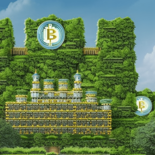 An image showcasing a towering digital fortress made of intertwined circuit boards and golden coins, surrounded by an ecosystem of flourishing green trees and flowing rivers, symbolizing Bitcoin's economic sustainability