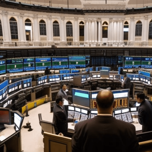 An image depicting a bustling stock exchange floor with traders anxiously looking at their screens, while in the background, a massive Bitcoin symbol looms, casting an ominous shadow over the traditional market
