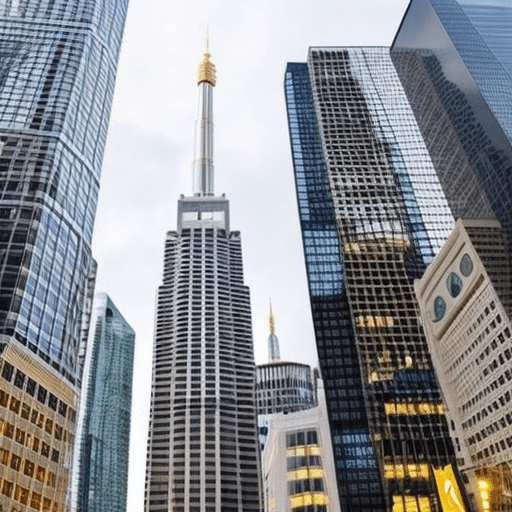 An image showcasing the bustling atmosphere of a sleek financial district, with towering skyscrapers adorned with prominent logos of major institutional investors, symbolizing Bitcoin's growing presence in the institutional investment landscape