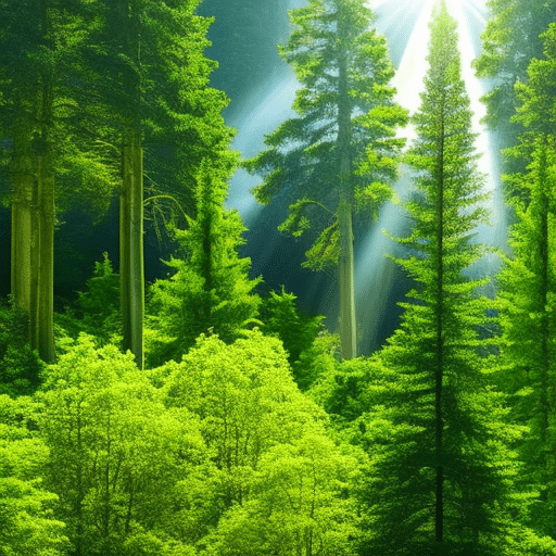 An image showcasing a thriving forest with towering evergreen trees symbolizing Bitcoin's long-term sustainability