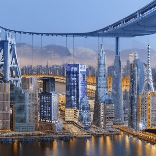 An image depicting a diverse cityscape with various industries thriving side by side, while Bitcoin acts as the connecting thread, symbolized by a network of intertwined buildings and bridges