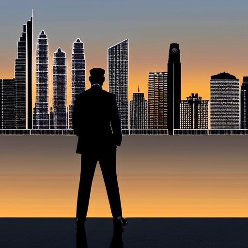 An image showcasing a high-rise skyline at dusk, with silhouettes of prominent institutional buildings like banks and stock exchanges