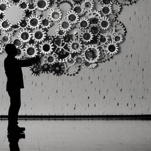 Uette of a person with a puzzle piece in their hand, standing in front of a wall of complex interconnected gears