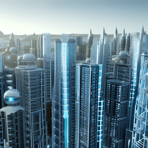 Ndering of a futuristic city with a giant, interconnected web of blockchains crisscrossing the skyline