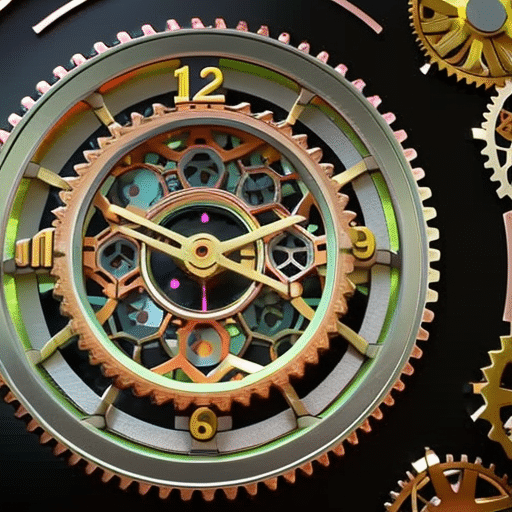 face with moving gears and a rotating chain of colorful hexagons forming a circle
