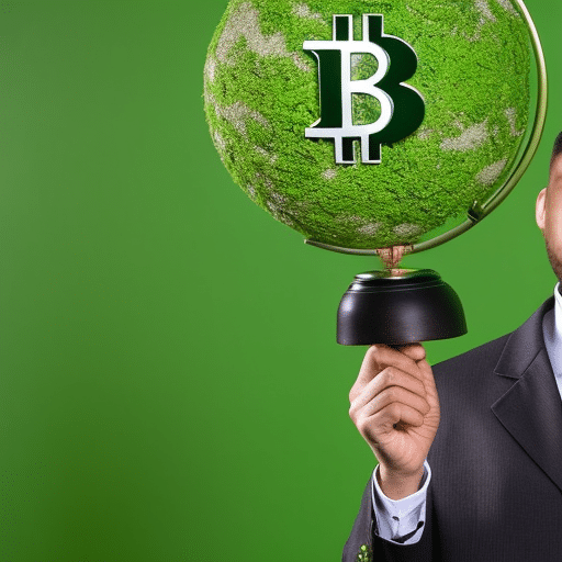 N in a green ensemble, holding a bitcoin in one hand and a globe in the other, with a green background behind them