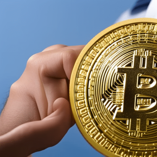 -up of two hands holding a golden Bitcoin coin with a chart of increasing Bitcoin value in the background