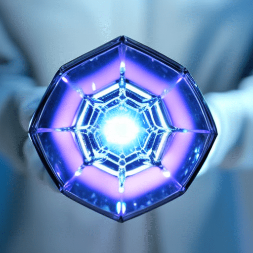 -up of a hand holding a blue glowing hexagonal crystal, with a circular pattern of energy radiating out from it