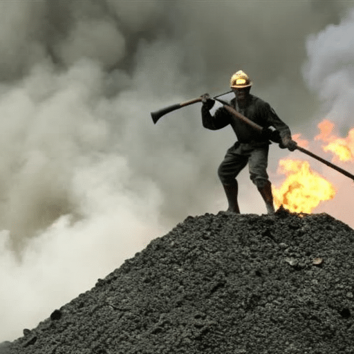 Stration of a miner with a virtual pickaxe in their hand digging into a pile of pixelated coal ashes, releasing green smoke into the air