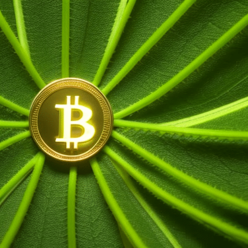 A close-up of a Bitcoin coin, with a green, leafy vine wrapping around the edges, and a green light emanating from the center