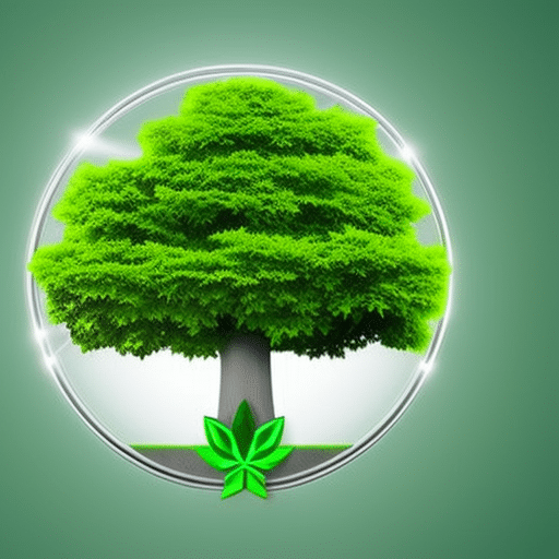 Ical representation of a carbon-free crypto payment gateway, depicting a tree with a vibrant, green leaf for each successful payment