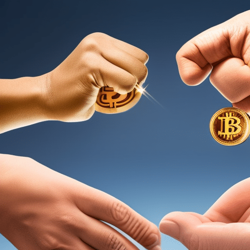 E of two hands, one in a fist with a Bitcoin symbol and the other opened with a central bank currency symbol, facing each other in a tug-of-war