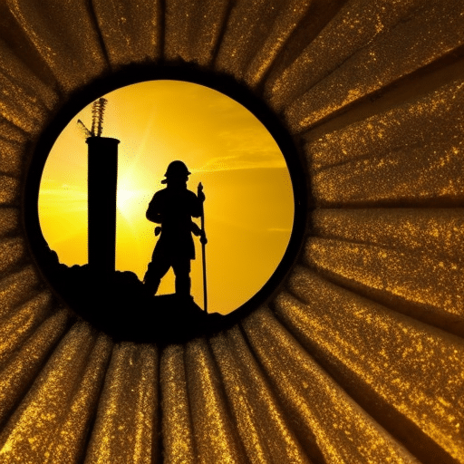 Xe and helmet silhouetted against a bright yellow sun, symbolizing the miner and their achievement of clean energy certification